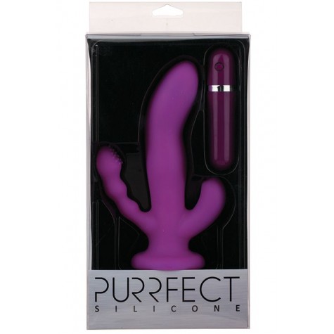 Фиолетовый вибратор с двумя дополнительными отростками PURRFECT SILICONE 3WAYS VIBRATOR 6.5INCH - 17 см.